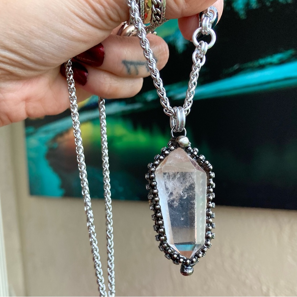 Natural Crystal quartz black electroplated boho goth stainless steel necklace